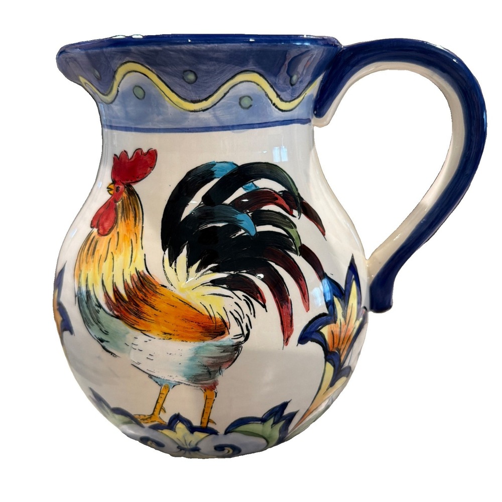 Maxcera Blue Talavera Rooster Water Jug Wine Pitcher Hand Painted Farmhouse